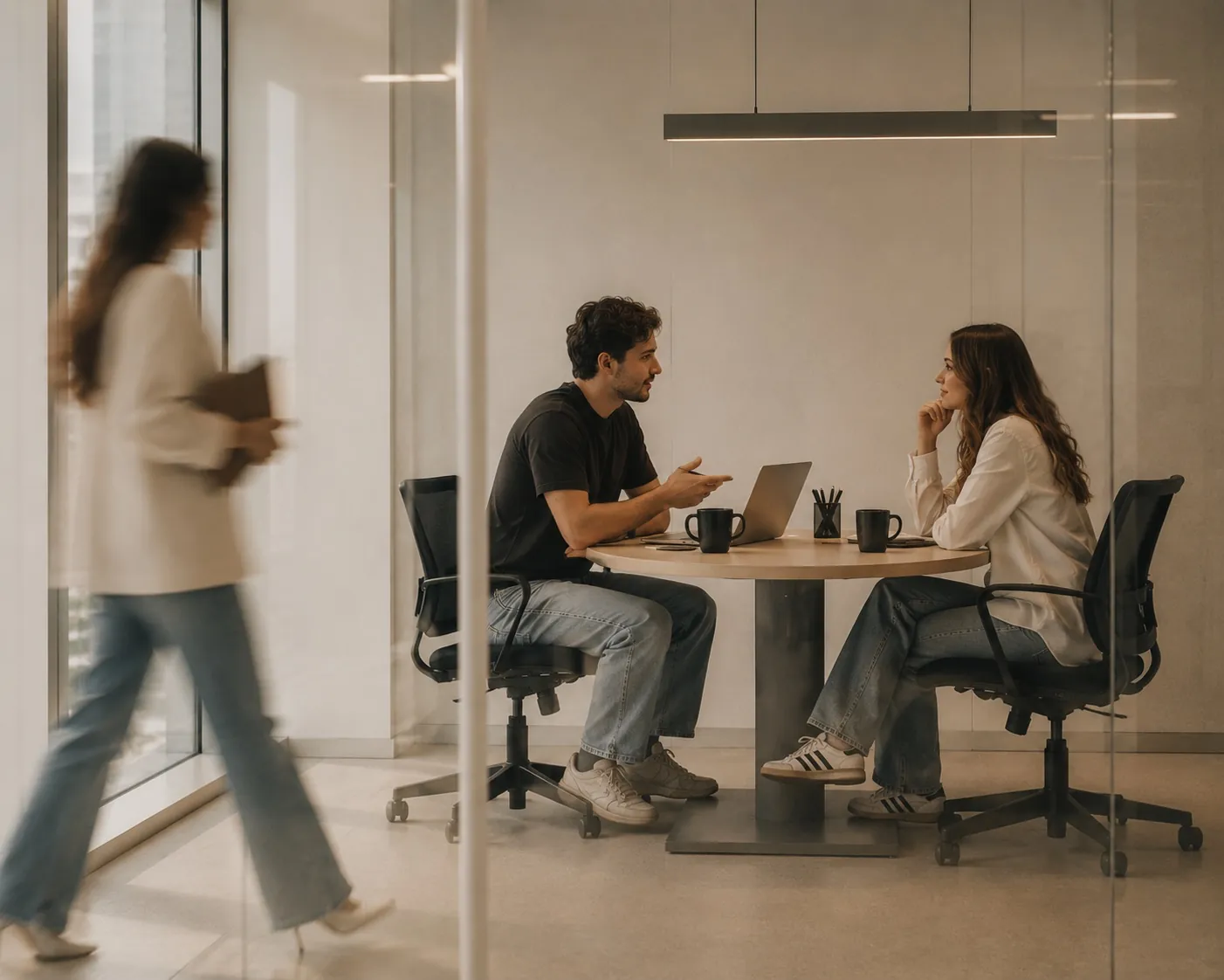Two people talking at a table in a glass-walled meeting room