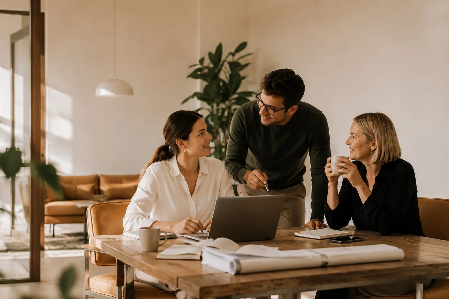 Three colleagues smiling around a laptop at a wooden table