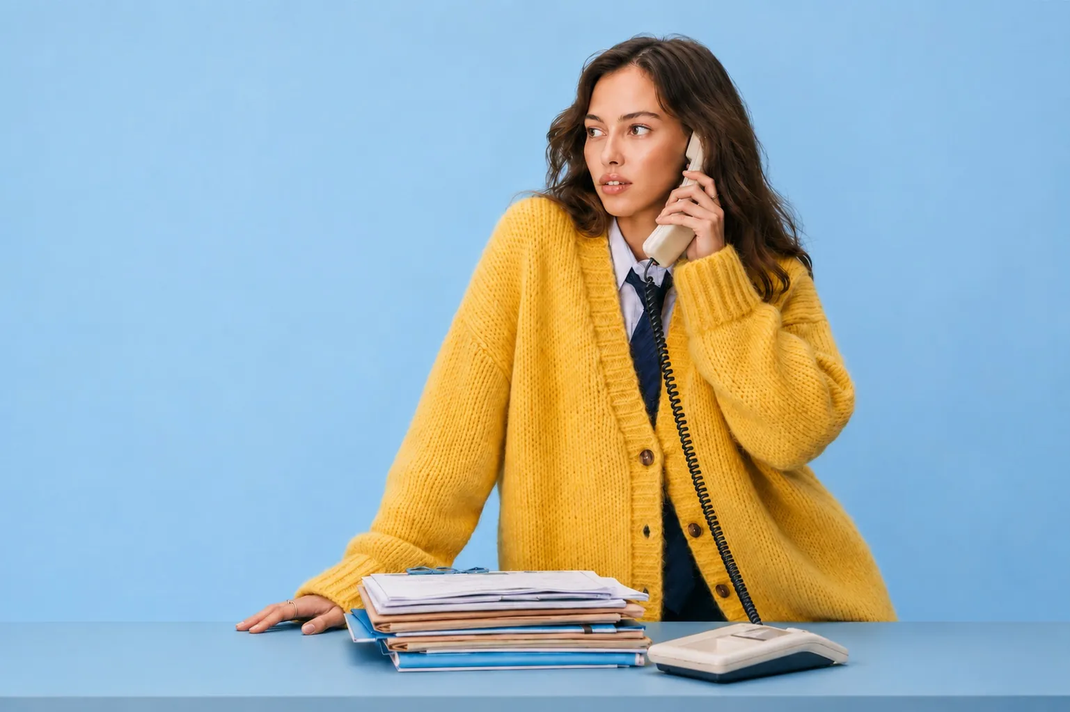 Woman in a yellow cardigan on the phone next to a stack of papers